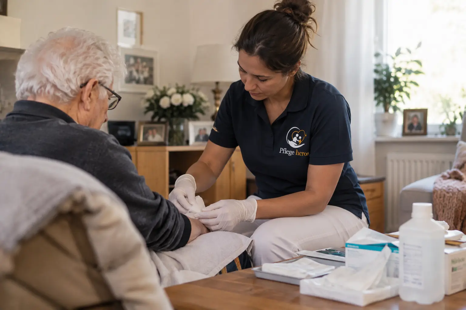 Pflegekraft übernimmt die Wundversorgung eines Patienten nach einem Krankenhausaufenthalt zu Hause