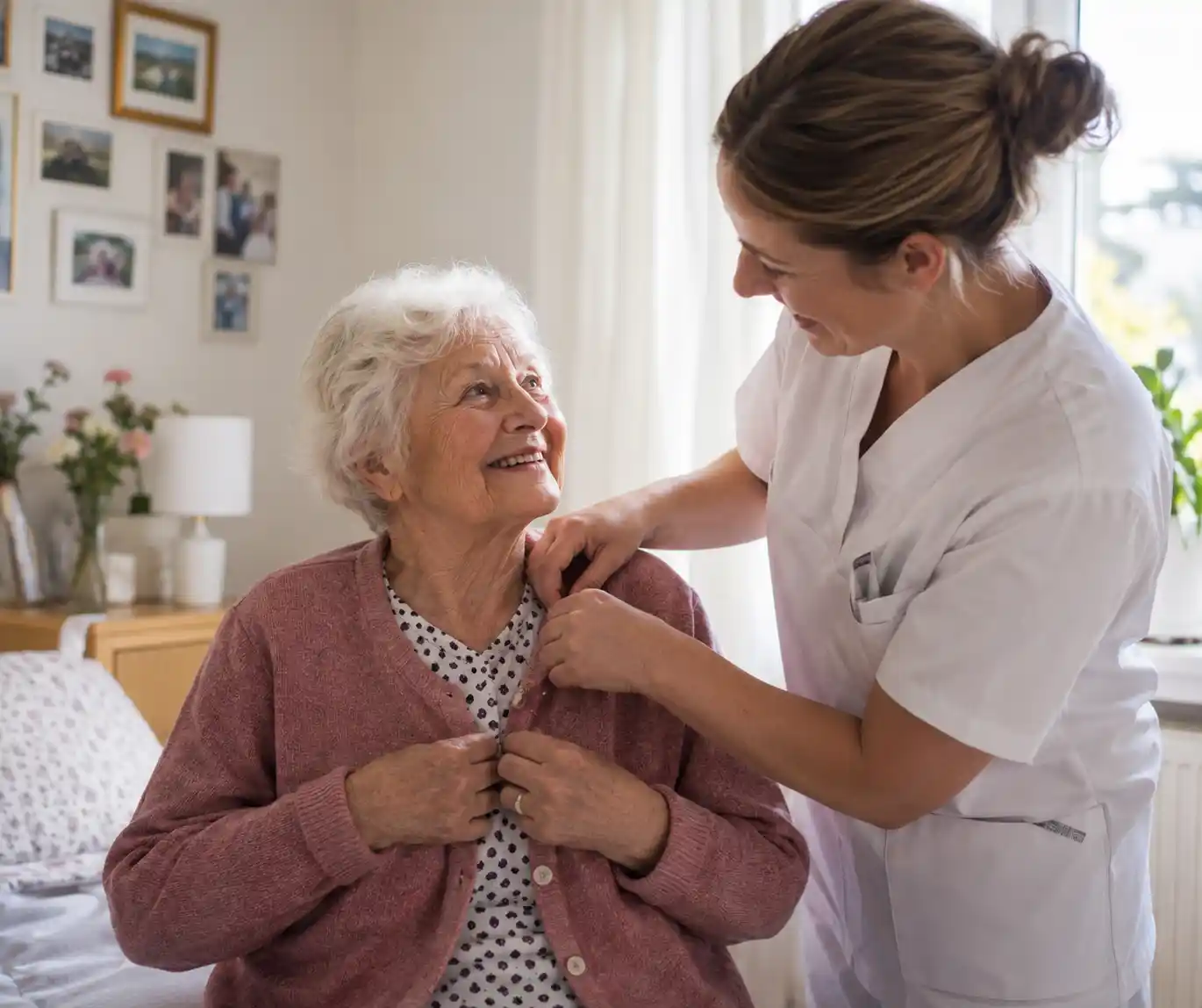 Pflegekraft unterstützt eine Seniorin bei der Grundpflege und beim Ankleiden zu Hause
